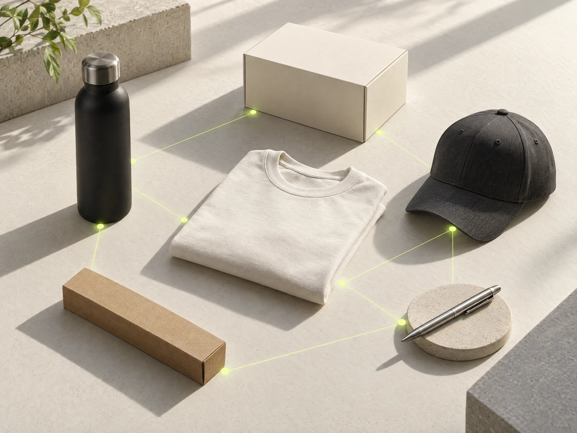 A considered selection of customizable promotional products connected by a supply network